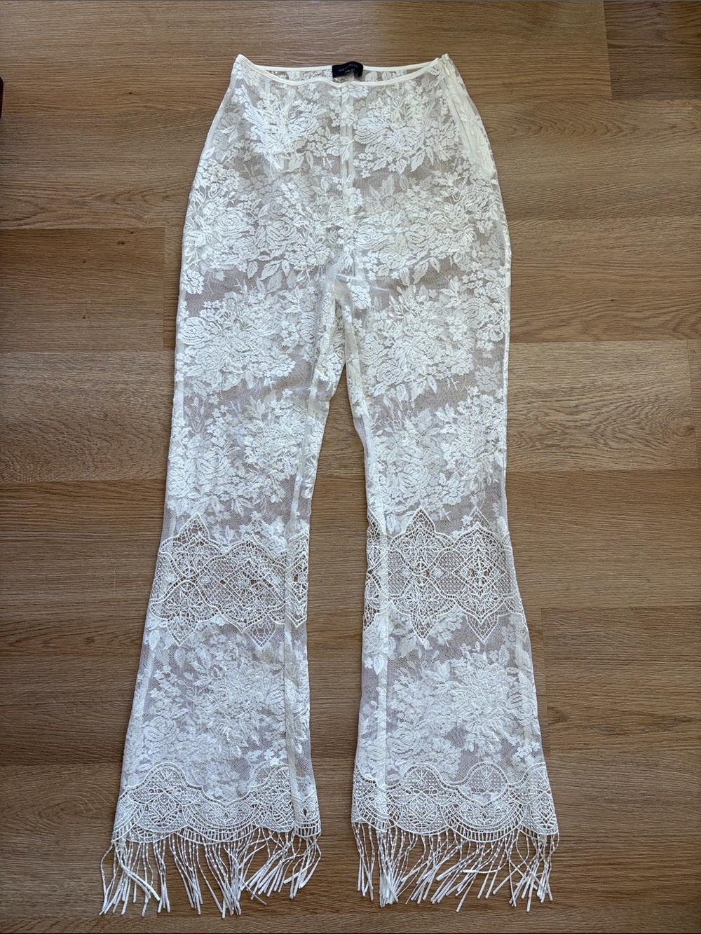MAJORELLE White Lace Flare Pants with Fringe Hem